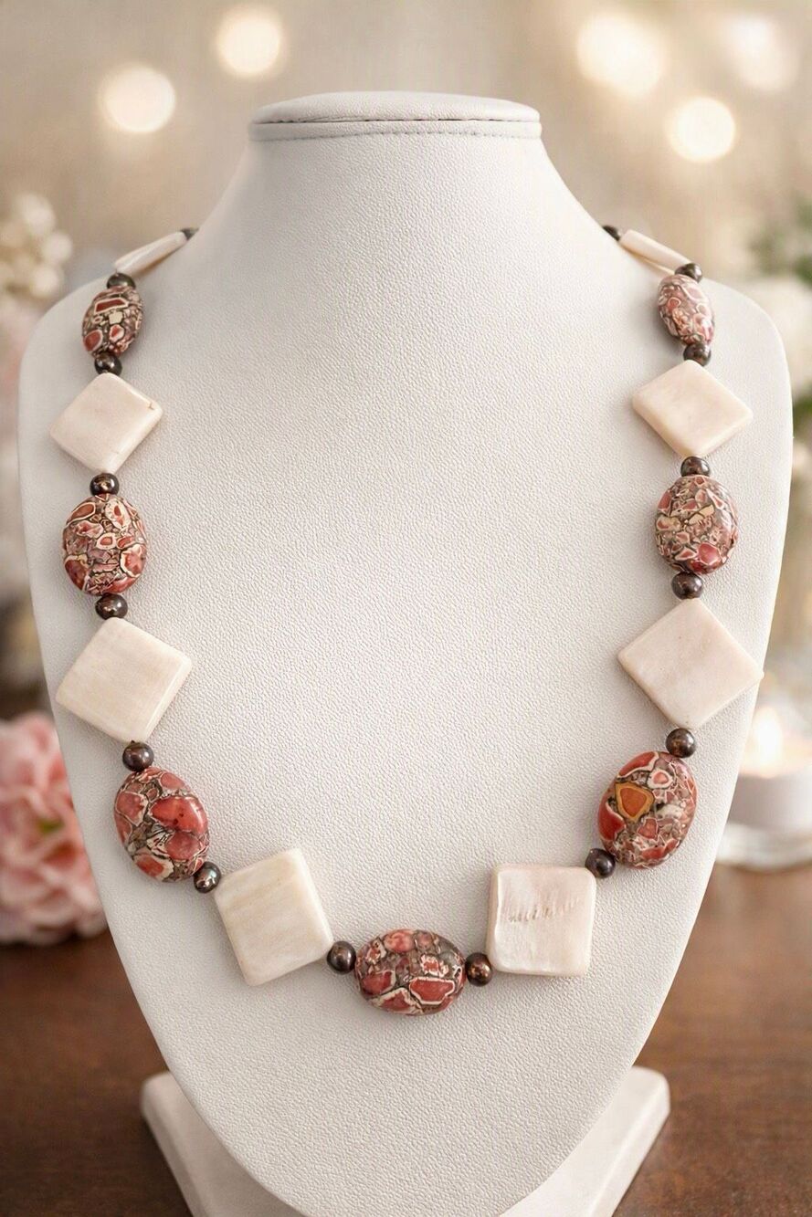 Red Fossil Coral & Cream Stone Beaded Necklace 18” – Vintage Artisan Jewelry